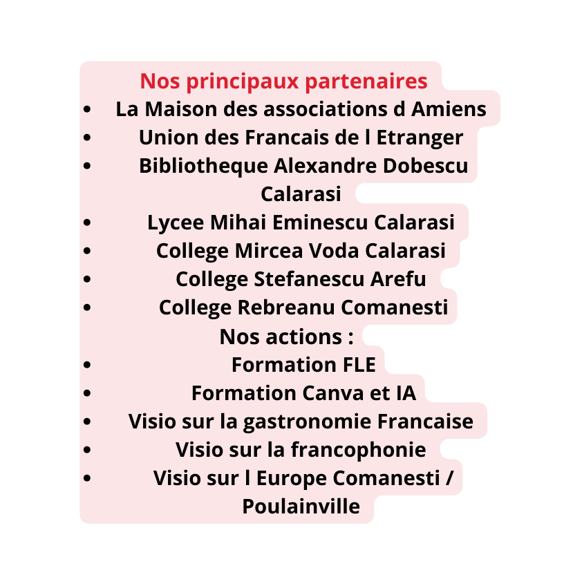 Nos principaux partenaires La Maison des associations d Amiens Union des Francais de l Etranger Bibliotheque Alexandre Dobescu Calarasi Lycee Mihai Eminescu Calarasi College Mircea Voda Calarasi College Stefanescu Arefu College Rebreanu Comanesti Nos actions Formation FLE Formation Canva et IA Visio sur la gastronomie Francaise Visio sur la francophonie Visio sur l Europe Comanesti Poulainville